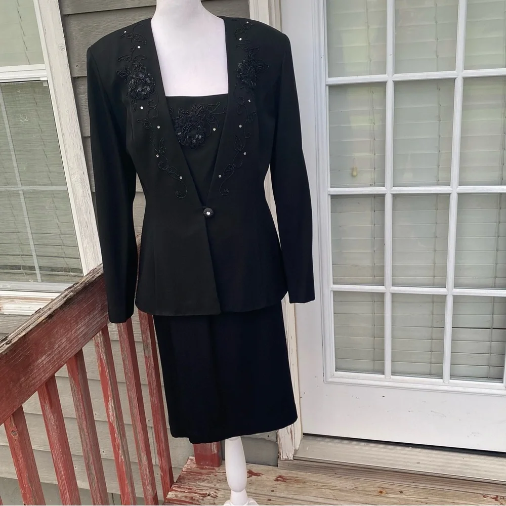 Karen Miller Vintage Black Midi Pencil 3 Pc Skirt Set Beaded Embroidered Goth 12